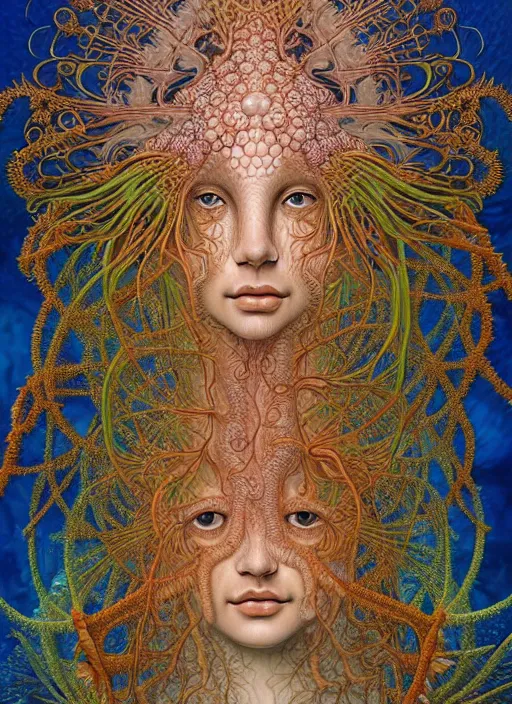 Prompt: realistic detailed underwater face portrait of the beutiful young goddess of the fish of the fractal waters with an intricate headdress of corals, sea kelp, sea plants, coral reef, fish, jellyfish, art by ernst haeckel, zdzisław beksinski, hieronymus bosch, gothic, neo - gothic, ornamental, beautiful deep colours,