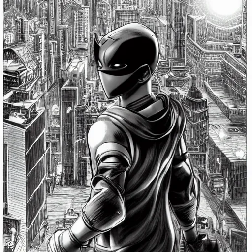 Image similar to Manga illustration of masked super hero, full body and head portrait by Tetsuo Hara. Depth of field, zoom out 35mm camera, awesome cityscape in the background, highly detailed concept art, detailed pencil art by Kengo Hanazawa