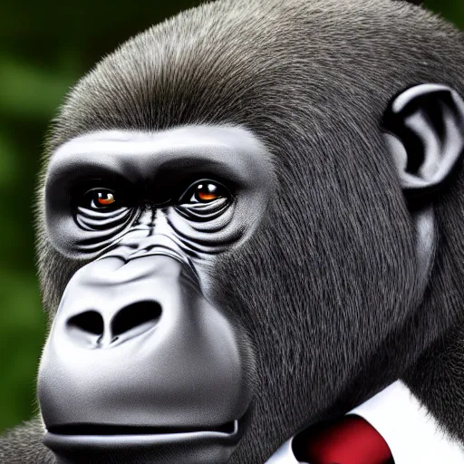 Prompt: a highly detailed portrait of an anthropomorphic gorilla wearing a well tailored business suit and tie, 8 k, 4 k, highly detailed, sharp,