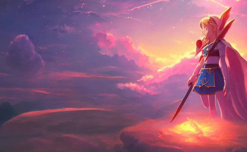 Image similar to Princess Zelda, anime painting, 3d render, hyper realistic, dramatic lighting, the sky is a nebula on fire, 8k hdr pixiv dslr photo by Makoto Shinkai ilya kuvshinov and Wojtek Fus, digital art, concept art,