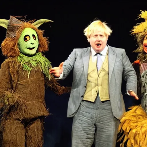 Image similar to Boris Johnson as the Scarecrow from the wizard of oz. Boris Johnsons debut on stage