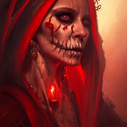 Prompt: a beautiful portrait of an ancient elderly necromancer queen, embers, skeletal, red-fabric, red-eyes!, by Greg Rutkowski and Raymond Swanland, Trending on Artstation, ultra realistic digital art