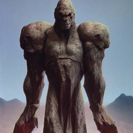 Image similar to concept art of a giant golem, day time, foreboding, fantasy, valley, wayne barlowe