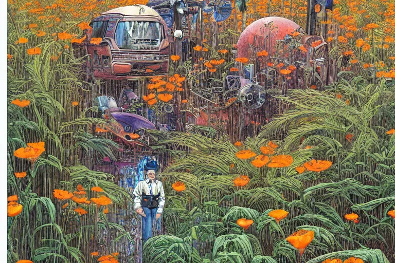 Image similar to super - detailed scene twilight junkyard, louisiana swamps, orange blooming flowers garden, 8 k, 8 0 s japanese sci - fi books art, artwork by jean giraud