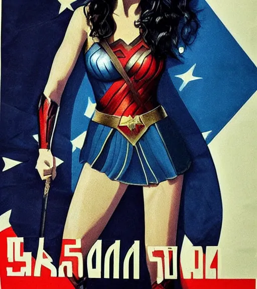 Prompt: Gal gadot posting for a Soviet Line of clothing in a Soviet propaganda realistic poster