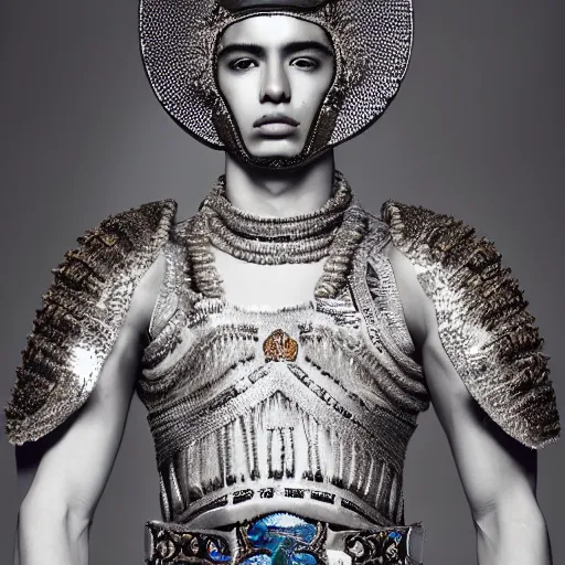 Prompt: a portrait of a beautiful young mexican male wearing an alexander mcqueen armor made of saphire, photographed by andrew thomas huang, artistic