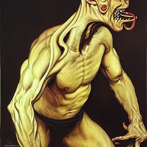 Image similar to upper body portrait a thick-necked horned demon, by norman rockwell and boris vallejo