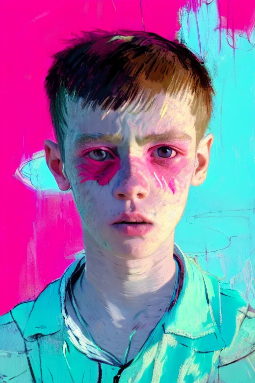 Image similar to portrait of a young boy nor living not death in a postapoliptic forgotten world, in the colors hot pink and cyan, beautiful face, rule of thirds, complex outfit, spotlight, by greg rutkowski, by jeremy mann, by francoise nielly, by van gogh, digital painting