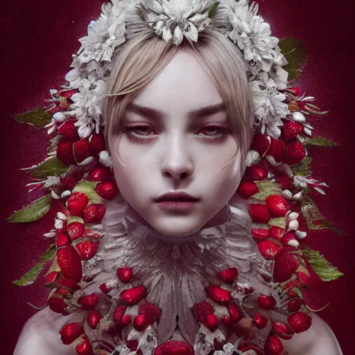 Image similar to the professional photoshoot of an absurdly beautiful, graceful, elegant, sophisticated, fashionable young woman made of strawberries and white petals, an ultrafine hyperdetailed illustration by kim jung gi, irakli nadar, intricate linework, bright colors, octopath traveler, final fantasy, unreal engine 5 highly rendered, global illumination, radiant light, detailed and intricate environment