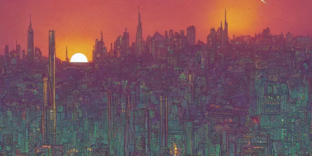 Image similar to A light blue star sinking behind a modern city skyline by Dan Mumford and Dean Ellis and John Atkinson Grimshaw and Anton Fadeev, sunset, purple sky, art nouveau