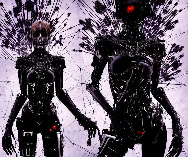 Image similar to gothic mute hybrid cyborg wearing cybor clothes shaping the universe, freedom fighter, eerie, cinematic, epic, 8 k, ultra realistic, rendered by awesomeness. | nights falling wind is blowwing snow is pilling concept art in style of carne griffiths artwork by xsullo. | backround of beautiful floweres floatingby elson, peter kemp, peter