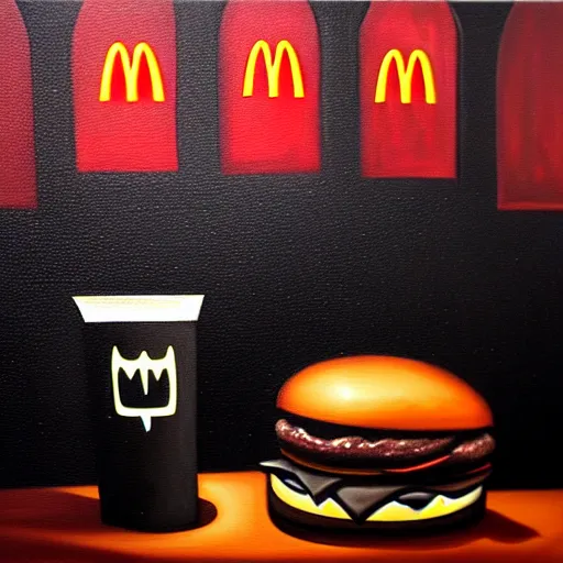 Prompt: dark, gothic, vampire, mcdonalds restaurant, oil painting