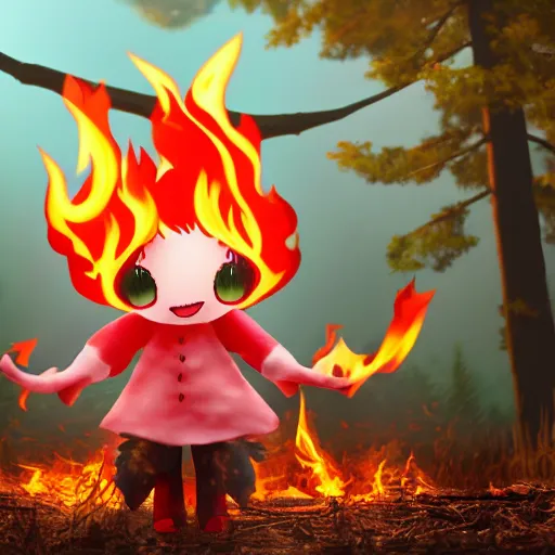 Image similar to cute fumo plush manic happy pyromaniac girl giddily starting a huge bonfire in the forest, horned demon imp girl, stylized pbr anime shader, burning flames, warm glow and volumetric smoke vortices, filmic, rule of thirds composition, vignette, vray