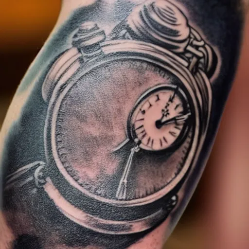 Image similar to photograph of a tatoo showing an etching of a plague doctor side shot looking at a very old pocket watch in the palm of his hand