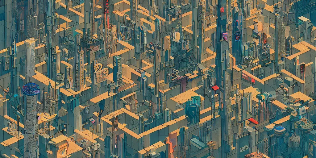 Prompt: a graphic layout design maze poster of cyberpunk city, chris ware, peter mohrbacher, jane newland, peter gric, chris ware, aaron horkey, illustration, artstation