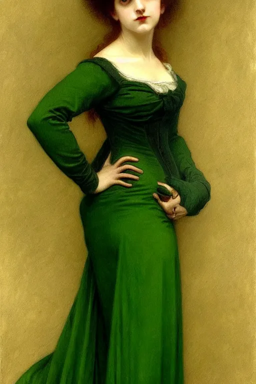 Image similar to victorian vampire in green dress, painting by rossetti bouguereau, detailed art, artstation