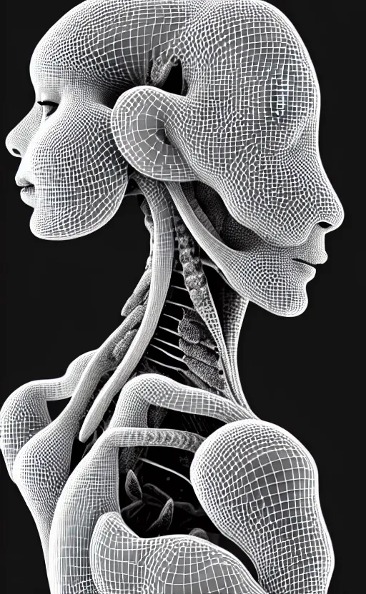 Image similar to a black and white 3D render of a beautiful profile face portrait of a female dragon-orchid-cyborg, 150 mm, flowers, Mandelbrot fractal, anatomical, flesh, facial muscles, wires, microchip, veins, arteries, full frame, microscopic, elegant, highly detailed, flesh ornate, elegant, high fashion, rim light, octane render in the style of H.R. Giger and Man Ray