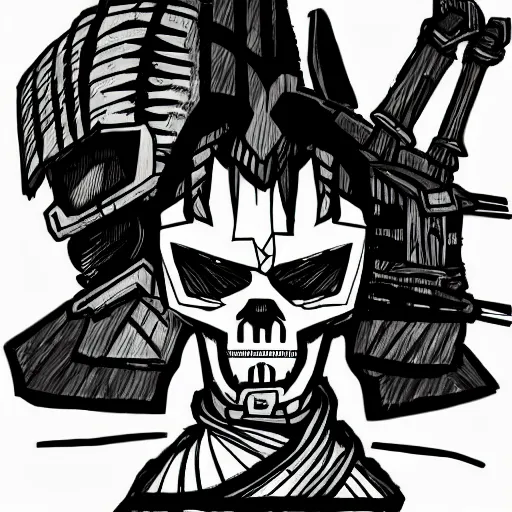 Image similar to a cyberpunk skull character drawn in the style of samurai jack