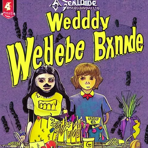 Prompt: video game box art of a commodore 6 4 game called wednesday addams'lemonade stand,, 4 k, highly detailed cover art.