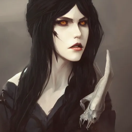 Image similar to female human vampire witch in the style of greg rutkowski, makoto shinkai, trending on artstation, character design, concept art, pretty face, highly detailed, long black hair, portrait, digital art