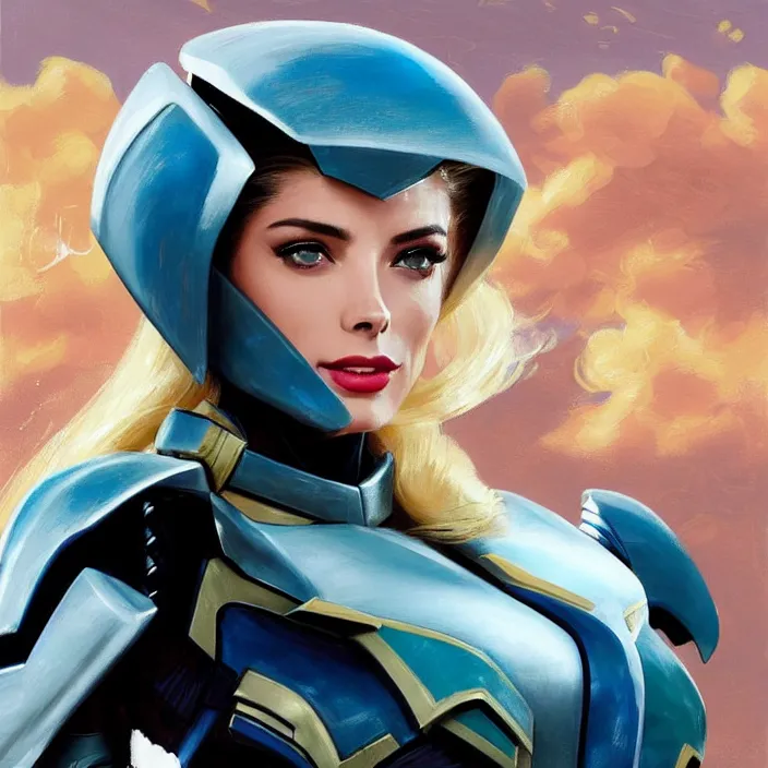 Image similar to A combination of Adriana Dxim's and Grace Kelly's and Ashley Greene's appearances with blonde hair wearing Interceptor's armor from Anthem, countryside, calm, fantasy character portrait, dynamic pose, above view, sunny day, thunder clouds in the sky, artwork by Jeremy Lipkin and Giuseppe Dangelico Pino and Michael Garmash and Rob Rey and Greg Manchess and Huang Guangjian, very coherent asymmetrical artwork, sharp edges, perfect face, simple form, 100mm