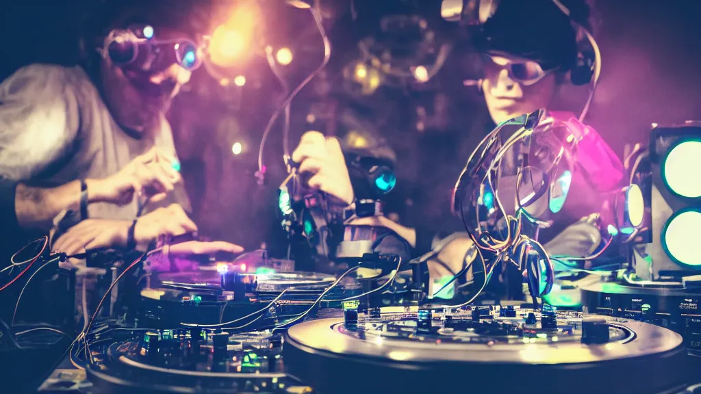 Image similar to a person wearing goggles and visor and headphones using a steampunk record player contraption, wires and tubes, turntablism dj scratching, intricate planetary gears, cinematic, imax, sharp focus, leds, bokeh, iridescent, black light, fog machine, hazy, lasers