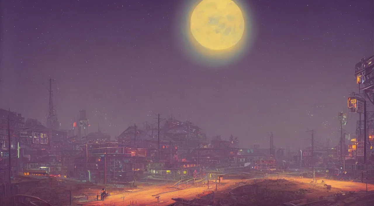 Prompt: A city at night, moonlight shining by Simon Stålenhag and Gerardo Dottori, oil on canvas.4k