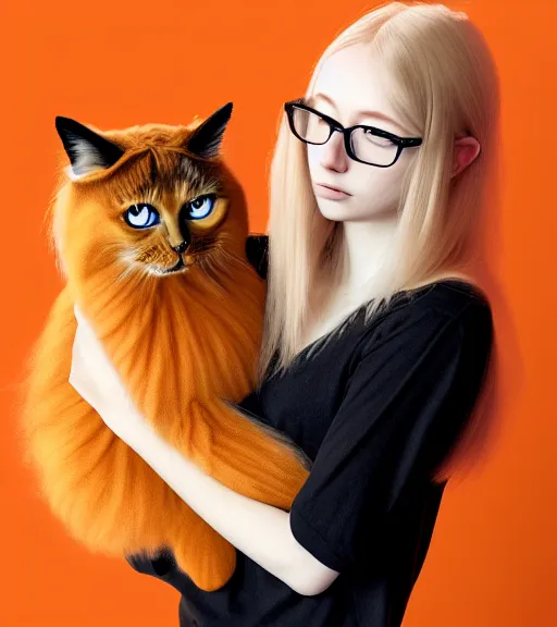 Prompt: photograph of a beautiful detailed young woman with long blonde hair and a fringe, wearing thin large round glasses, wearing dark clothing, holding a large fluffy orange cat, beautiful background, trending artstation, digital art, award winning art, aesthetic, 4K, realistic, octane render, Photograph