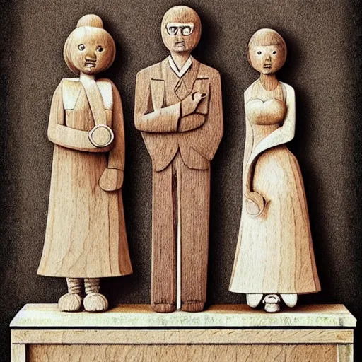 Image similar to wooden statue of a wedding :: 2d matte :: poster 1980s style