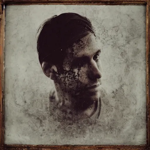 Prompt: A double exposure of a collodion-styled portrait of a man coupled with an abstract oil-on-canvas painting, bokeh, depth of field, dreamy