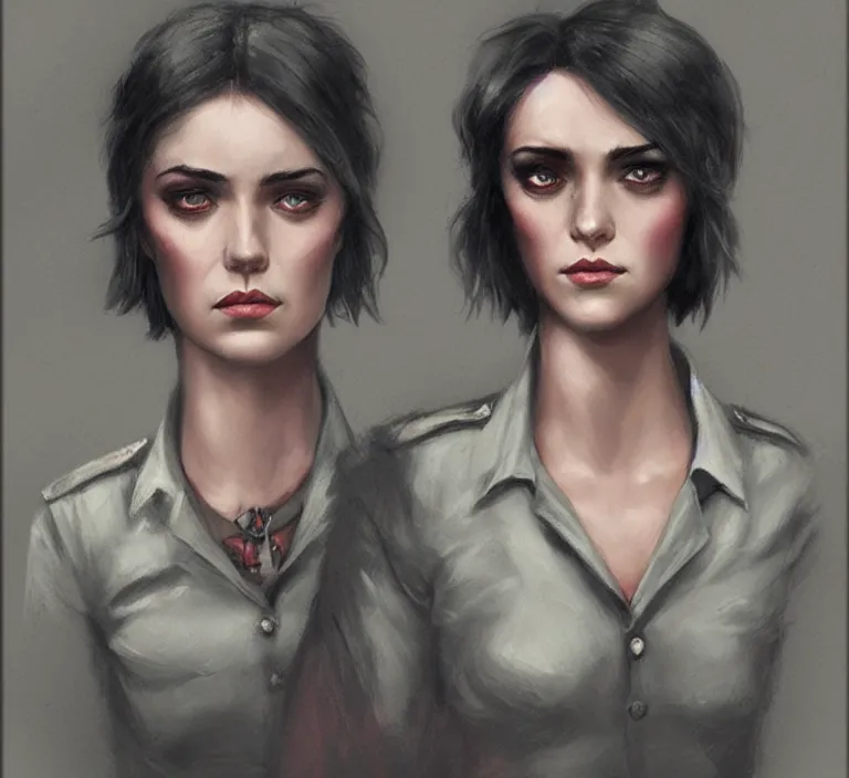 Image similar to a rugged and sarcastic female cop in the style of tom bagshaw