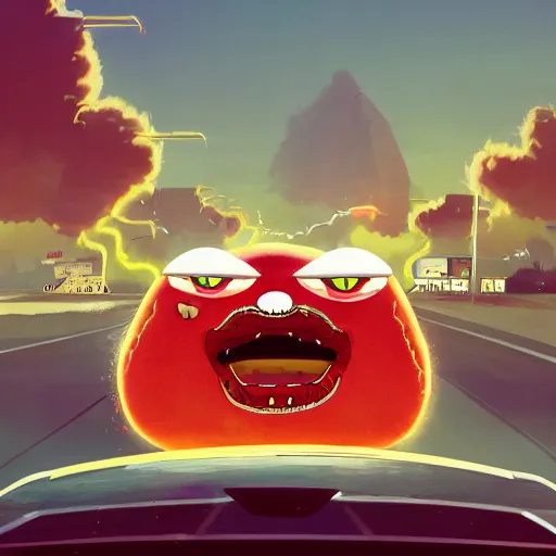 Prompt: Live action Aqua teen hunger force movie, meatwad is driving a tesla, Greg Rutkowski, Darek Zabrocki, Karlkka, Jayison Devadas, Phuoc Quan, trending on Artstation, 8K, ultra wide angle, pincushion lens effect,