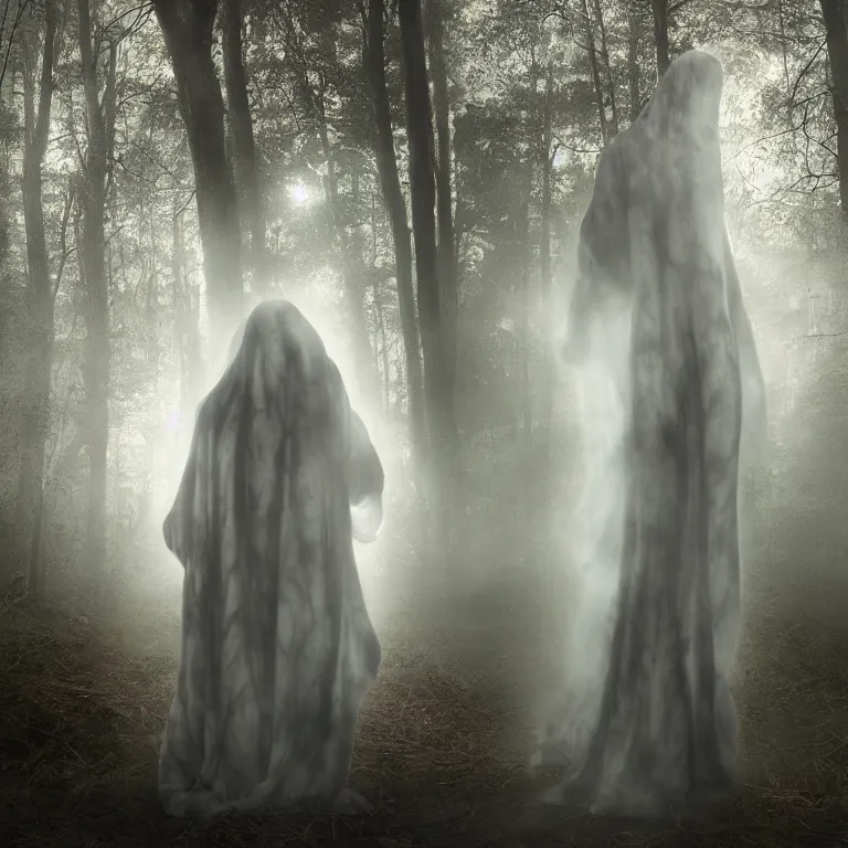 Image similar to octane render portrait by wayne barlow and carlo crivelli and glenn fabry, a woman wearing a skintight tie - dye bedsheet ghost costume, backlit, dramatic lighting, fog and mist, night time forest, light rays, cinema 4 d, ray traced lighting, very short depth of field, bokeh