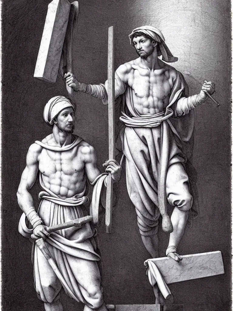 Image similar to a twenty - something michelangelo wearing peasant clothing of the renaissance holds a chisel in one hand and a mallet in the other, in the background a rectangular prism of white marble with gray streaks, photorealistic, hyperdetailed, studio lighting, octane render, caustics