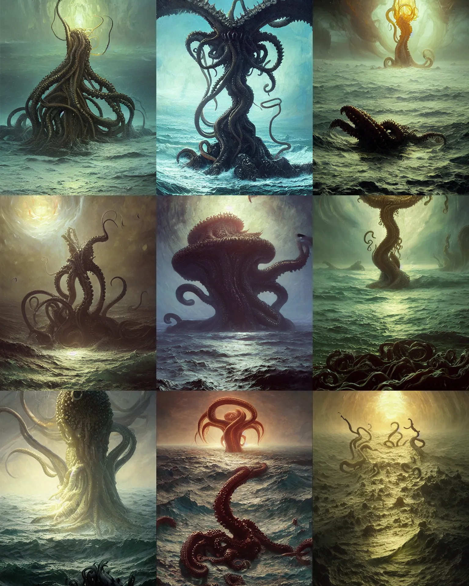 Prompt: inconceivable otherworldly cthulu over an ocean of tenticles, epic painting by greg rutkowski, craig mullens, richard schmid, ilya repin. elder god lovecraft mythology