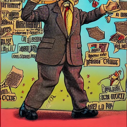 Image similar to The Artwork of R. Crumb and his Cheap Suit crazy old man dancing, pencil and colored marker artwork, trailer-trash lifestyle