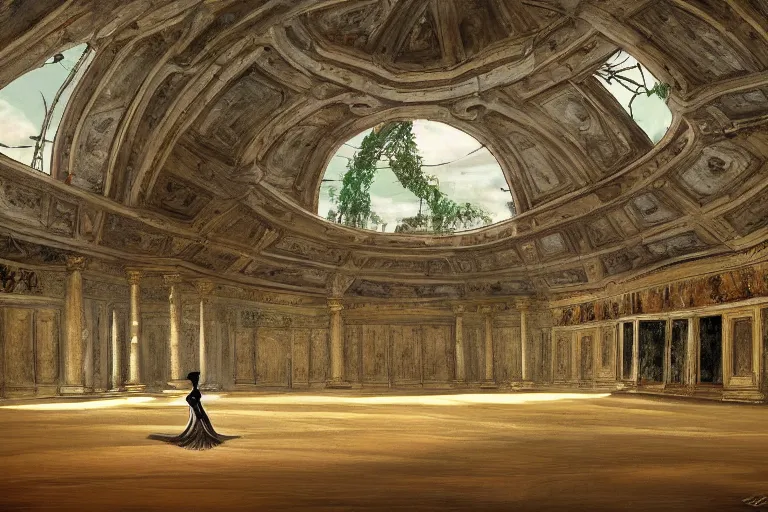 Prompt: a beautiful painting of a domed decaying ballroom, rot and vines everywhere, in center an elegant dancer on flamingo legs, by salvador dali, artstation, dramatic lighting