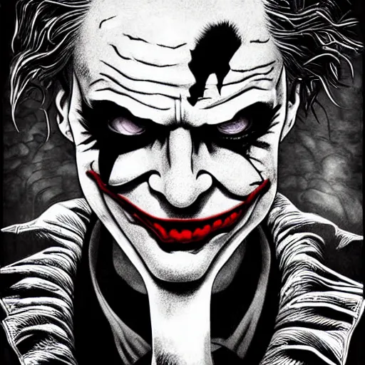 Image similar to The Joker portrait in the style of Junji Ito. Manga. Black & White. Gothic. Horror. Exquisitely detailed. 4K.