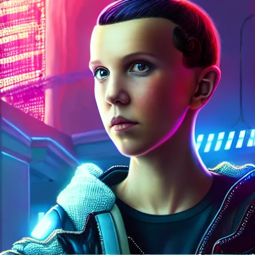 Prompt: Millie Bobby Brown in Cyberpunk 2077 by RossDraws
