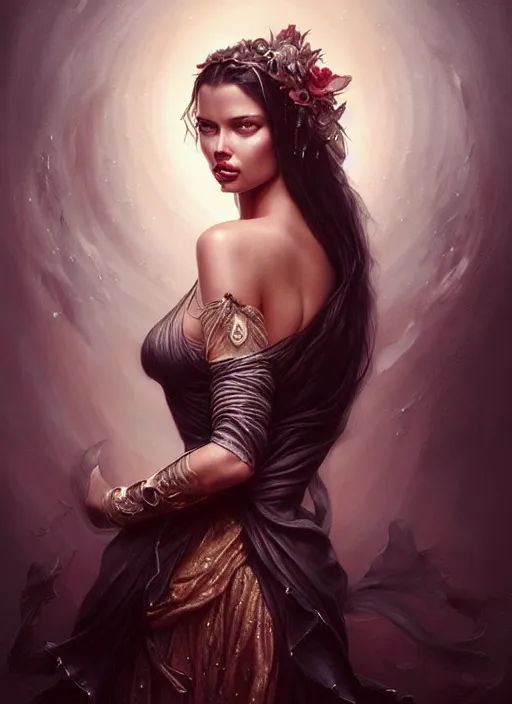 Image similar to a beautiful woman with baroque dress, adriana lima, painted by artgerm and tom bagshaw, fantasy art, dramatic lighting, highly detailed oil painting