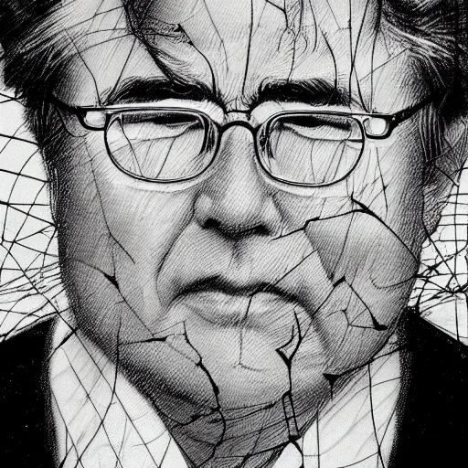 Image similar to Yoshitaka Amano realistic illustration of jeb bush ,hair fluttering in the wind, cracks on his face, square jaw, abstract black and white patterns on the background, noisy film grain effect, highly detailed, Renaissance oil painting, weird portrait angle, blurred lost edges, three quarter view