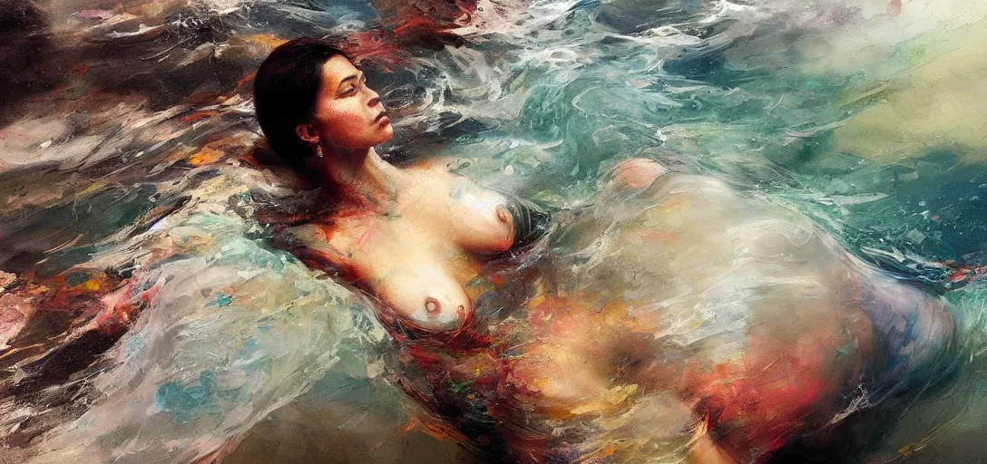 Image similar to a realistic hyperdetailed multi - colored digital oil full body portrait painting of a a beautiful woman floating on her back in the ocean, the style of guy denning, ruan jia, and craig mullins. trending on artstation and deviantart. cgsociety digital art.