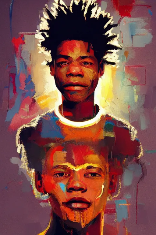 Image similar to portrait of jean basquiat, staring directly into camera, intricate, elegant, glowing lights, highly detailed, digital painting, artstation, sharp focus, illustration, art by wlop, mars ravelo and greg rutkowski