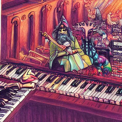 Prompt: a beautiful drawing of a wizard character surrounded by musical keyboards, fantasy, ralph bakshi,