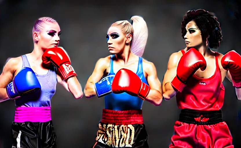 Prompt: girl boxing with drag queen, no blur, 4 k resolution, ultra detailed