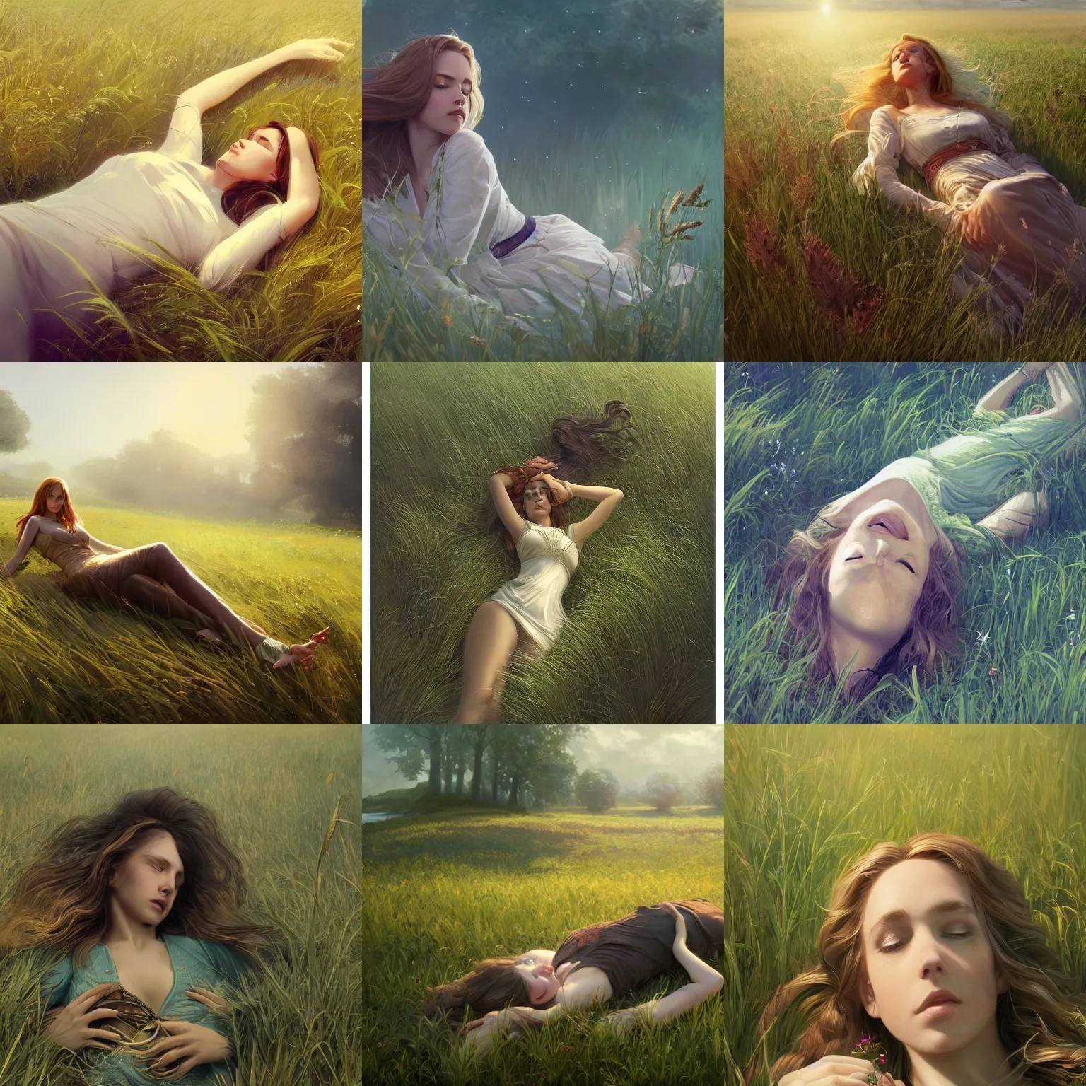 Prompt: a female wizard lying down in a field of grass, fantasy, intricate, cinematic lighting, highly detailed, digital painting, artstation, concept art, smooth, sharp focus, 8k, illustration, art by Artgerm and Greg Rutkowski and Alphonse Mucha