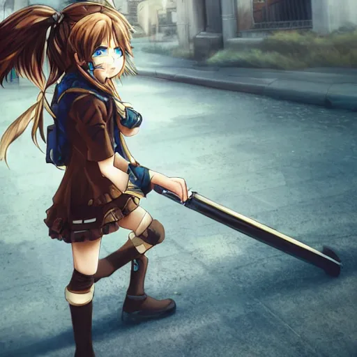 Prompt: anime girl marching on a pavement road with a flag and steampunk weapons and armor, finely detailed, beautiful, serious, cinematic lighting, golden hour, buildings, long brown hair, brown eyes, reflective, sharp focus, anime,