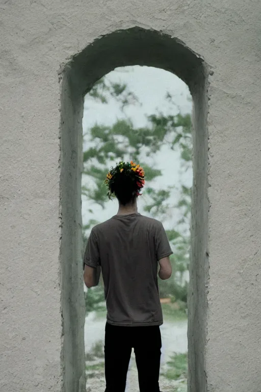 Image similar to kodak portra 4 0 0 photograph of a skinny guy looking into a otherworldly portal, flower crown, back view, vaporwave colors, grain, moody lighting, moody aesthetic,