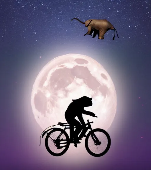 Image similar to elephant riding a flying bike across the full moon as silhouette, from the movie e. t. the extra terrestrial, with dark trees in foreground, cinematic frame by steven spielberg, hd