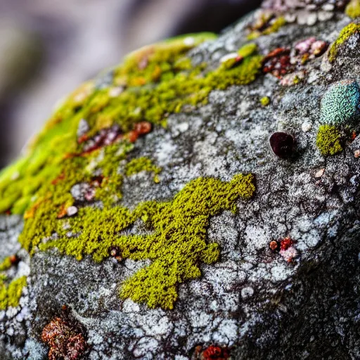 Prompt: closeup of bright lichens on a rock with condensed water particles, macro photography, DSLR, sony a7III, nature photography, shallow depth of field, 4K, contrasting